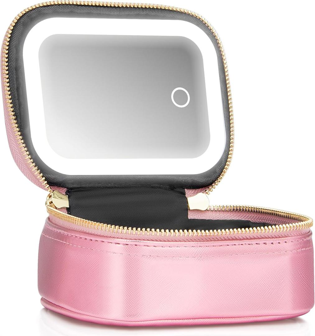 Small Makeup Bag with Led Mirror, Mini Travel Make up Bag 3 Light Modes Adjustable Brightness, for Women Organizer Cosmetic Bag, Portable Travel Train Toiletry Bag, for Pool Parties Work Touch-Ups (Roses)
