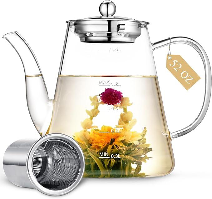 Zpose 1500ml Glass Teapot, Large Tea Pot with Infuser for Loose Tea and Blooming Tea, Stovetop Safe Tea Kettle, Hand Crafted Borosilicate Glass Tea Maker with Scale Line, Tea Gift Set for Tea Lovers