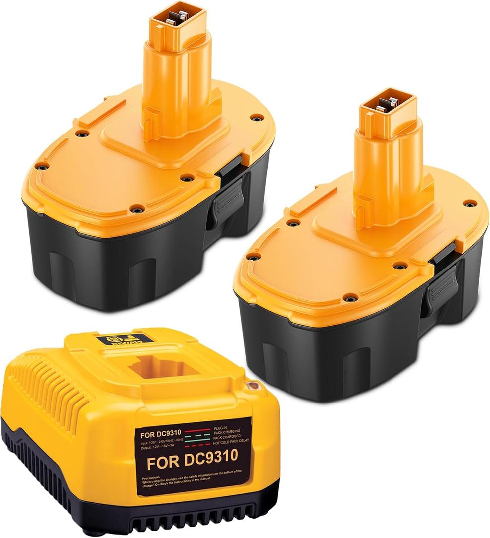 2Pack 5000Ah Replacement for Dewalt 18V Battery Ni-Mh DC9098 DC9096 DC9099 DC970 DW9095 DW9096 DW9098 DW9099 DE9039 DE9096 DE9098 with DC931 Ni-Cad Ni-Mh 18V Battery Charger