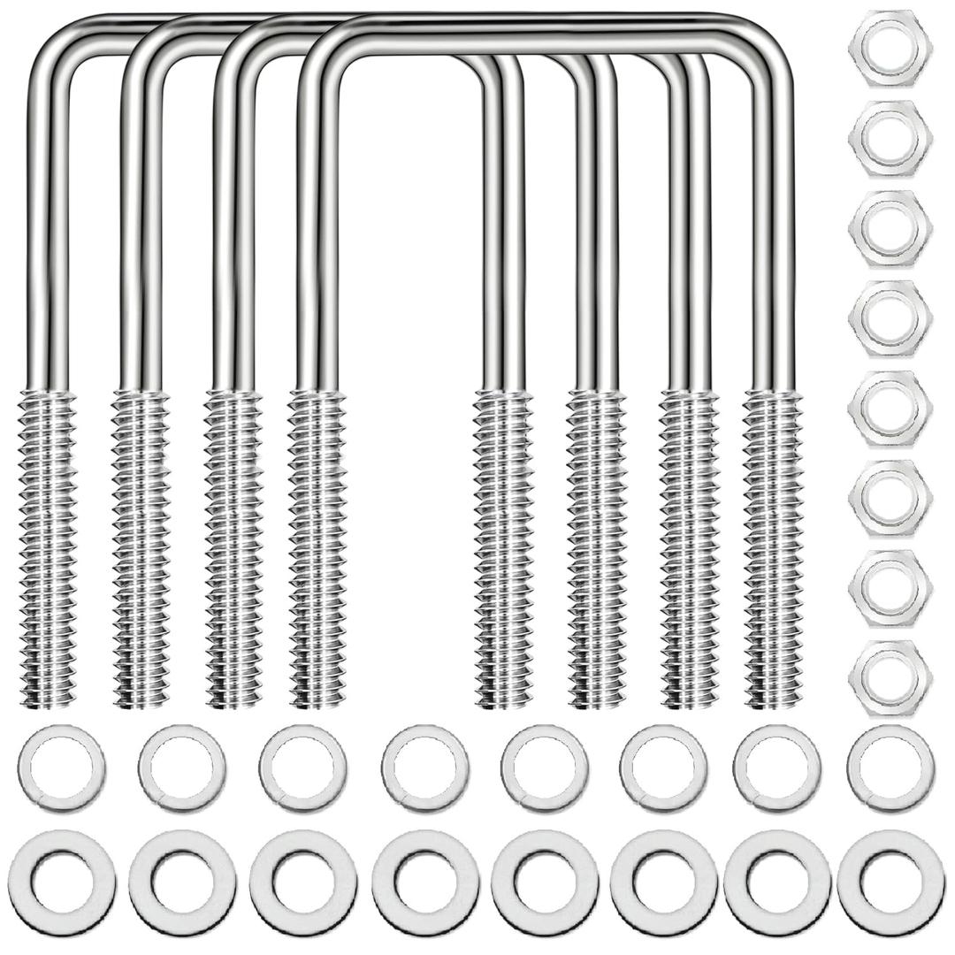4 Sets 304 Stainless Steel Square U Bolt,U Bolts 3 inch Wide,1/2" D x 3-1/16" W x 5-5/16"L U-Bolts for Boat Trailer with Nuts and Washers, for Automobiles Trailer, Ski Boat
