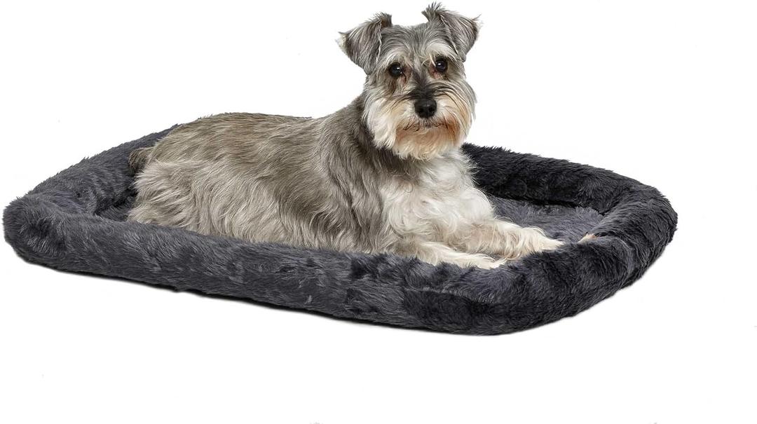 MidWest Homes for Pets Dog Bed  Gray Faux Fur Bolster, Ultra-Soft and Machine Washable, Fits 30-Inch Crates and Carriers, for Medium-Sized Breeds