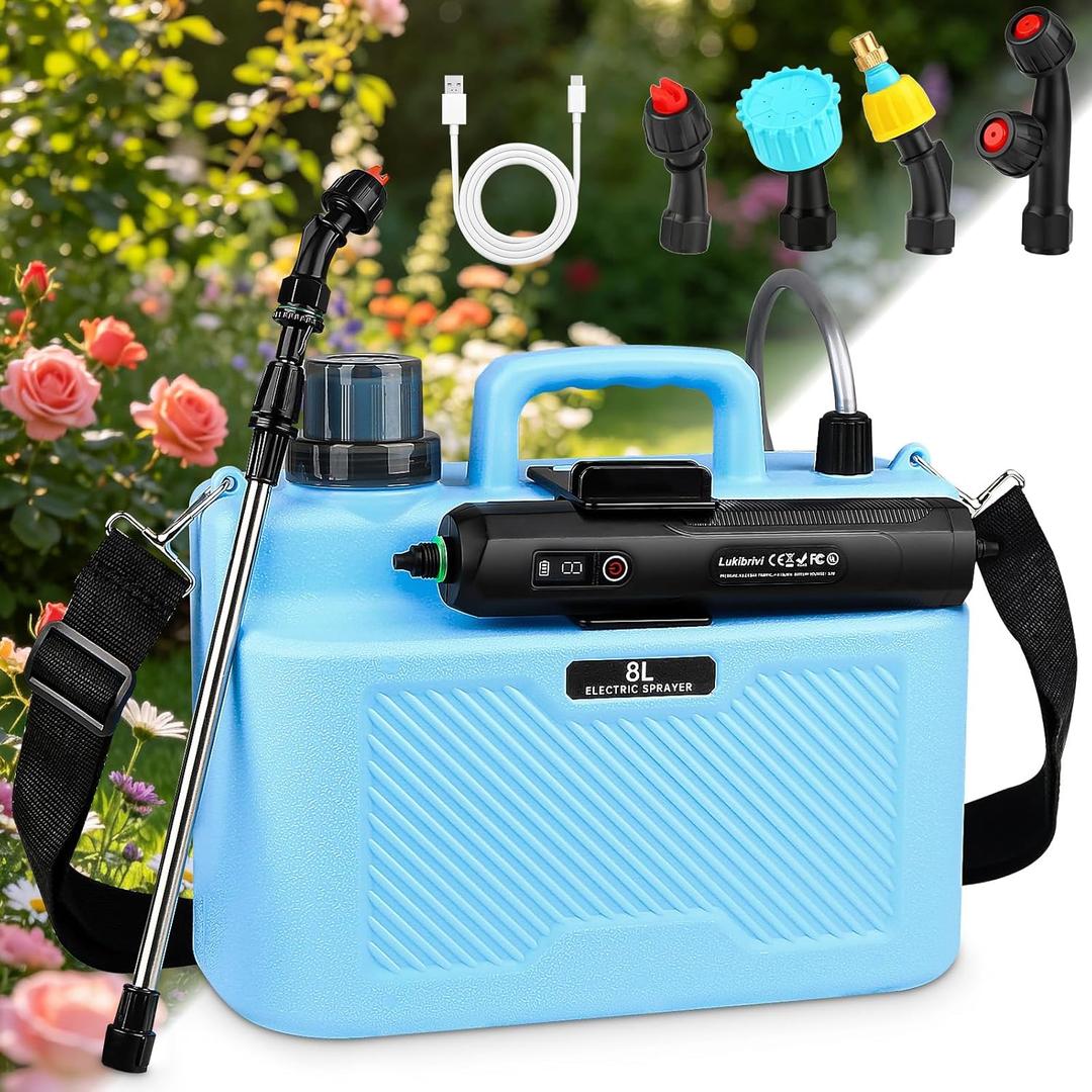 Battery Powered Sprayer 2 Gallon - Pump Sprayer Electric Garden Spray Weed Sprayer with 4 Nozzles Retractable Wand Adjustable Strap for Lawn and Yard Plant Care