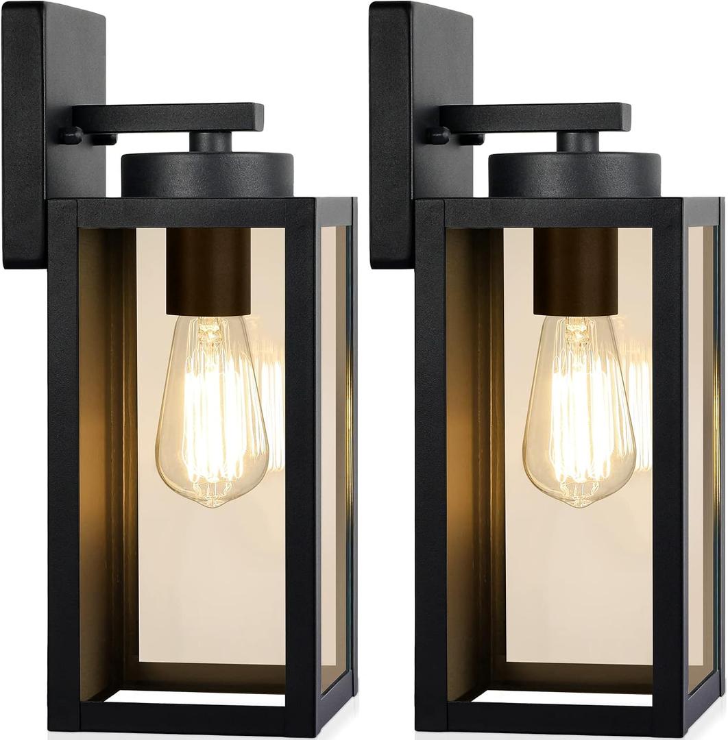 Outdoor Wall Light Fixtures, Exterior Waterproof Wall Lanterns, Porch Sconces Lighting with E26 Sockets & Glass Shades, Modern Matte Black Outside Lights for Patio Front Door Entryway Garage, 2-Pack, 12.8inch
