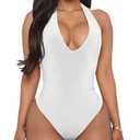 YMDUCH Women's Sexy Sleeveless Halter V Neck Backless Leotard Bodysuit Tops White Medium