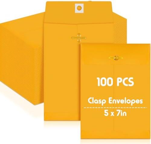 Geyee 100 Pcs 5'' x 7" Manilla Envelopes Clasp Gummed Mailing Envelopes Clasp Closure 28 lb Kraft Paper for Document School Office Business Home