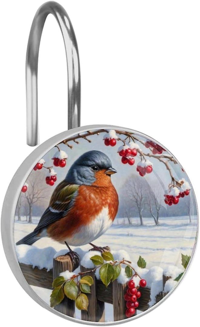 Christmas 12pcs Shower Curtain Hooks,Lovely Bird in Winter Decorative Shower Curtain Hanger Rings Roller, Stainless Steel Round Shower Rings Hangers for Bathroom