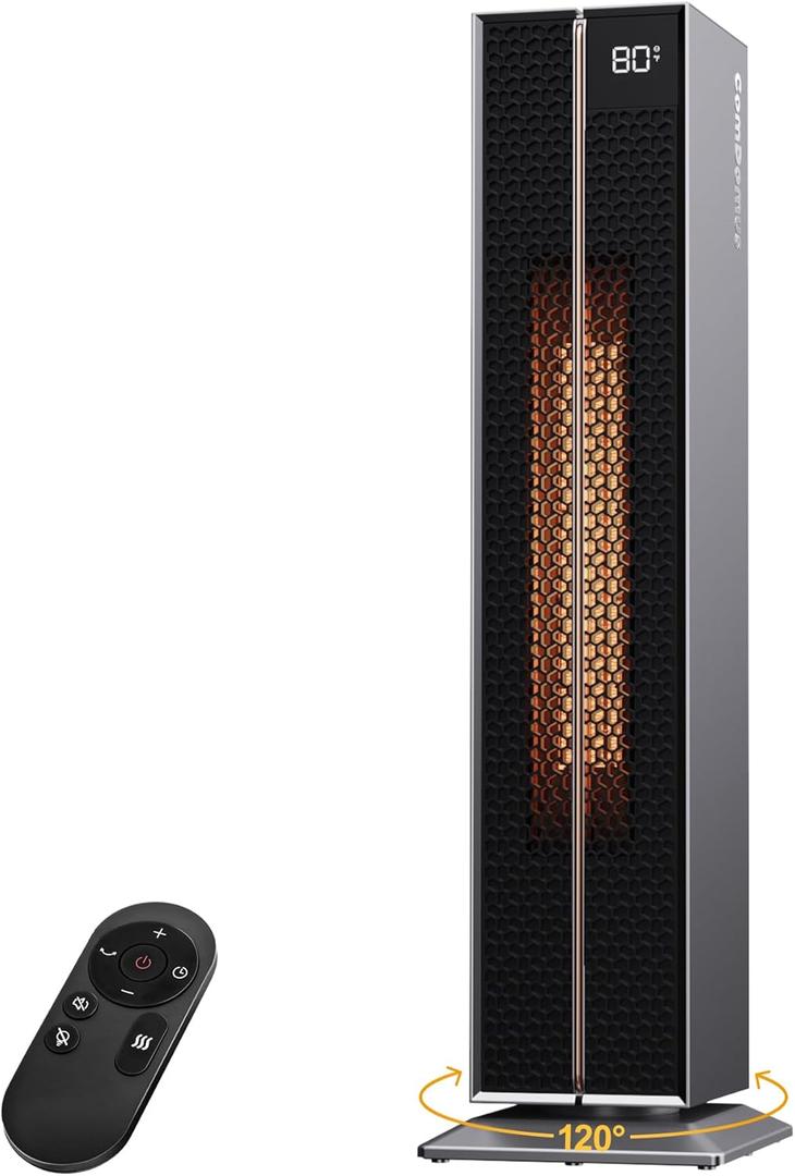 Electric Heaters for Indoor Use, 32 Space Heater Large Room with Remote, 120 Oscillation, 5 Heat Levels, 3 Modes, Multiple Safety Protections, 1500W Ceramic Tower Heater for Bedroom, Silver