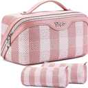BOYATU Travel Makeup Bag Organizer Cosmetic Bag: 3 Pcs Set Make up Bags for Women with Handle - Waterproof Vegan Leather Toiletry Bags Travel Essentials Pouch with Compartments (F-03-Pink)
