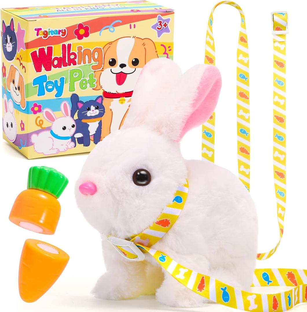 Tagitary Easter Plush Bunny Toys Electronic Toy with Sounds,Wiggling Ears,Twitching Mouth and Nose, Interactive Rabbit Toy for Kids with Leash,Easter Basket Stuffers Birthday Gift for Toddlers (White)