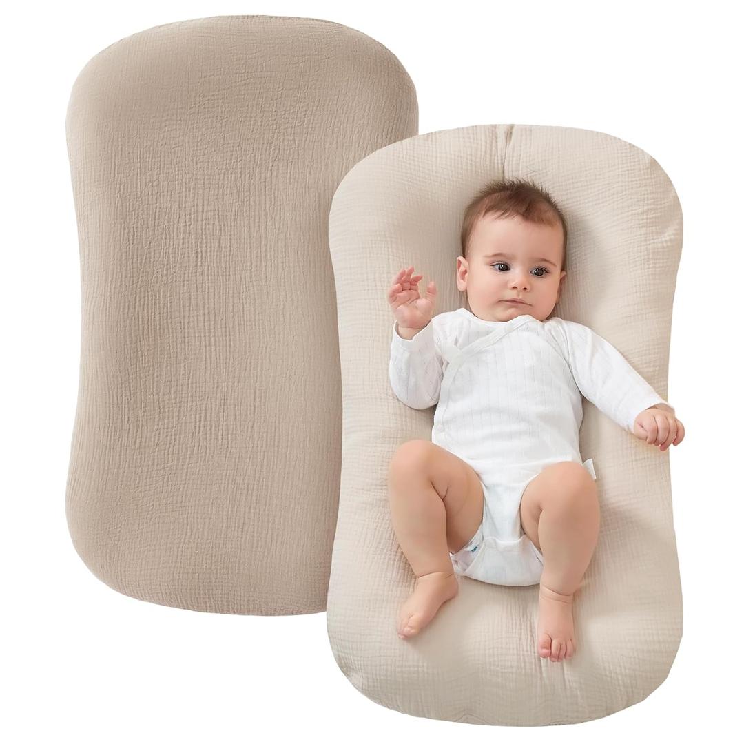 JELLYMONI Muslin Baby Lounger Cover, 100% Cotton 2 Pack Infant Lounger Cover to Protect Lounger from Minor Leaks and Spills, Covers Only No Loungers (Beige/Pink)