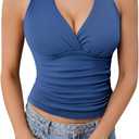 WDIRARA Women's Ruched Halter Crop Tops V Neck Tie Back Sleeveless Slim Fit Cami Tops, Blue, Size: XS