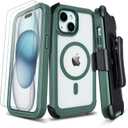Defender for Clear iPhone 15 Case with Belt Clip Holster + 2 Screen Protectors, Compatible with MagSafe, Anti-Yellowing, Full-Body Phone Cover for iPhone 15 Case (Clear & Green)