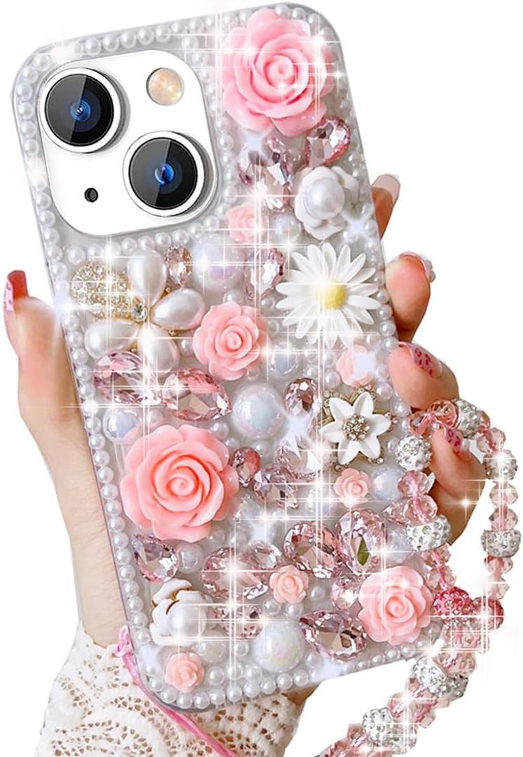 for iPhone 15 Glitter Bling Case, Cute Luxury 3D Crystal Rhinestone Diamond Sparkle Shiny Gems Flower Pearl with Lanyard Wrist Strap Women Girls Protective Case for iPhone 15 6.1 inch (Pink)