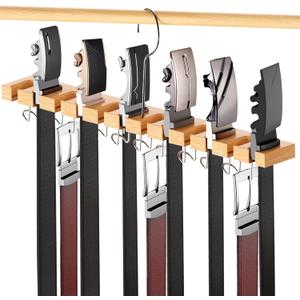Belt Hanger for Closet Max 42 Belts, 2-in-1 Wall Mount Belt Organizer with 360 Rotating Hooks, Wooden Tie and Belt Rack for Closet Accessories Organizers and Storage, 12+11 Storage, Black