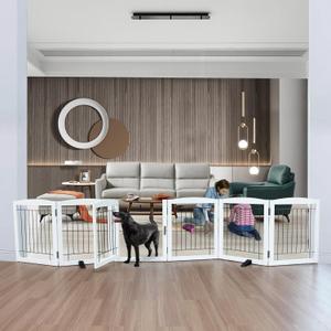 Foldable Freestanding Dog gate with Door Indoor, Wooden White Pet Gate for Doorway, Stairs, House, or Room, Dog Fence with Support Feet Included, 24" Height, 6 Panels