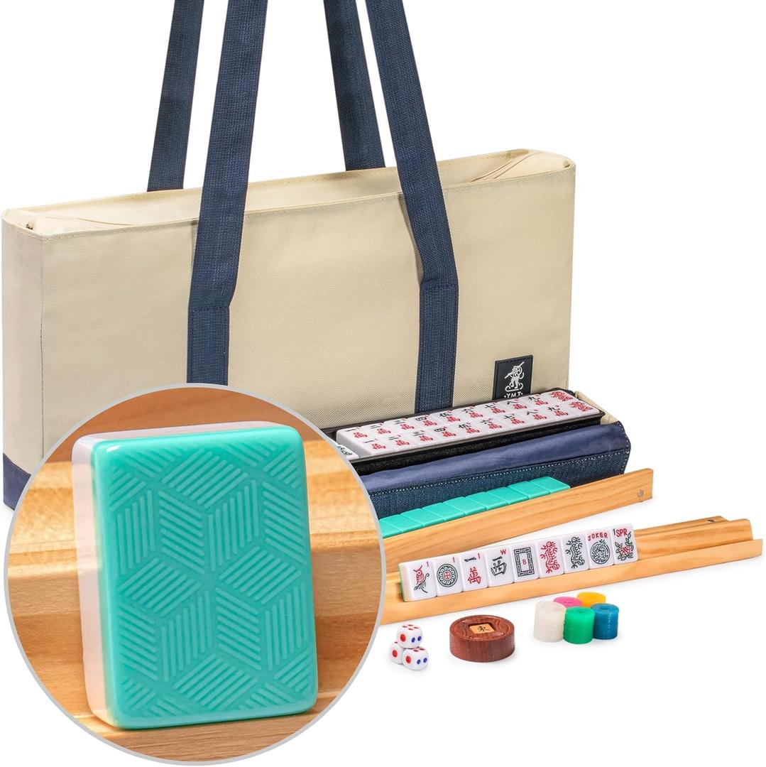 Yellow Mountain Imports American Mahjong Set, Harbor Mint with Beige and Blue Canvas Tote Bag - 4 All-in-One Racks with Pushers, Wright Patterson Scoring Coins, Dice, & Wind Indicator (Emerald)