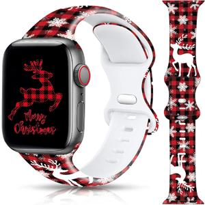 2 x Christmas Halloween Watch Band Compatible with Apple Watch Band 38mm 40mm 41mm 42mm 44mm 45mm 46mm 49mm, Christmas Holiday Replacement Strap Band for iWatch Series Ultra SE 10 9 8 7 6 5 4 3 (Red Plaid&Elk)