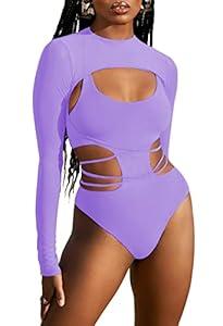 Kisscynest Women's Sexy Cutout One Piece Swimsuit Monokini with Long Sleeve Coverup Shirt Purple L