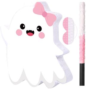 Aoriher Ghost Piata Pink Halloween Piata White Pink Ghost Party Piata with Bat Stick Blindfold Mask Confetti for Halloween Holiday Theme Festival Birthday Party Supplies Decoration(Cute)