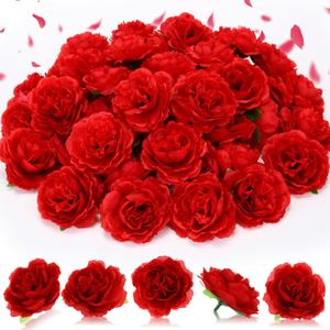 Thiccywoov 50 Pcs Artificial Flowers, 3.2 Inches Silk Rose Head Flowers Fake No Stem for Wedding Bridal Bouquet Home Floral Decor DIY Centerpieces Arrangements Party Tables Decoration(Red)