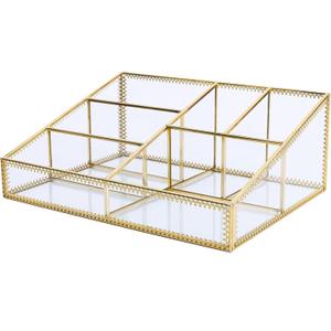 Vintage Gold Makeup Organizer - Glass Makeup Organizer Countertop Organizer for Make-Up Brushes Vanity, Tabletop Organizer Display Case for Bathroom, Vanity, Drawers GJB001