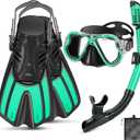 Snorkeling Gear for Adults, 4 in 1 Adult Snorkel Set with Panoramic View Snorkel Mask, Dry Top Snorkel, Adjustable Short Fins and Travel Bag, Snorkel Set with Fins for Snorkeling Diving (Turquoise Blue)