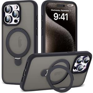 Designed for iPhone 15 Pro Max Case with Magnetic Ring Stand [Compatible with Mag-Safe] [Military Drop Protection] Shockproof Translucent Phone Cover 6.7" for Women Men,Black
