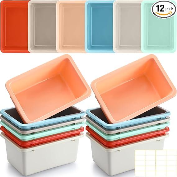 Thyle 12 Pieces Plastic Cubby Bins with Labels 11.6 x 7.7 x 5 Inch Classroom Book Bins Stacking Storage Container Organizer Storage Cubbies for Classroom Office (Retro Color)