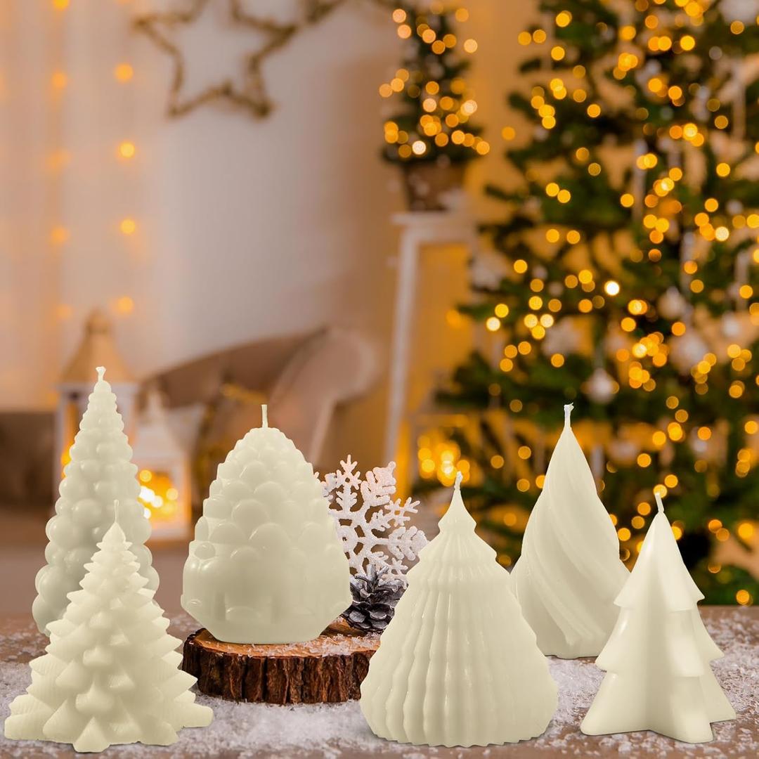 MTLEE 6 Pieces Christmas Soy Candles Scented Candles Winter Christmas Tree Cone Candles Home Decor Pinecone Candle Handmade Wax Candle for Bedroom Bathroom Party (White) (Small)