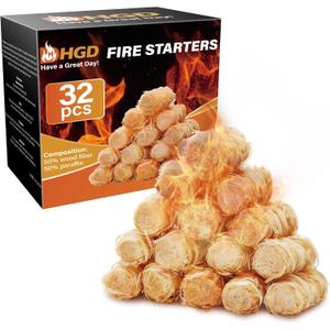 HGD Fire Starter(32pcs), Natural Charcoal Starters, Firestarters for Indoor Fireplace, BBQ, Campfire, Wood Stove, Chimney, Fire Pit, Grill, Smoker, Indoor Outdoor Use, Weather-Resistant, (Roll)