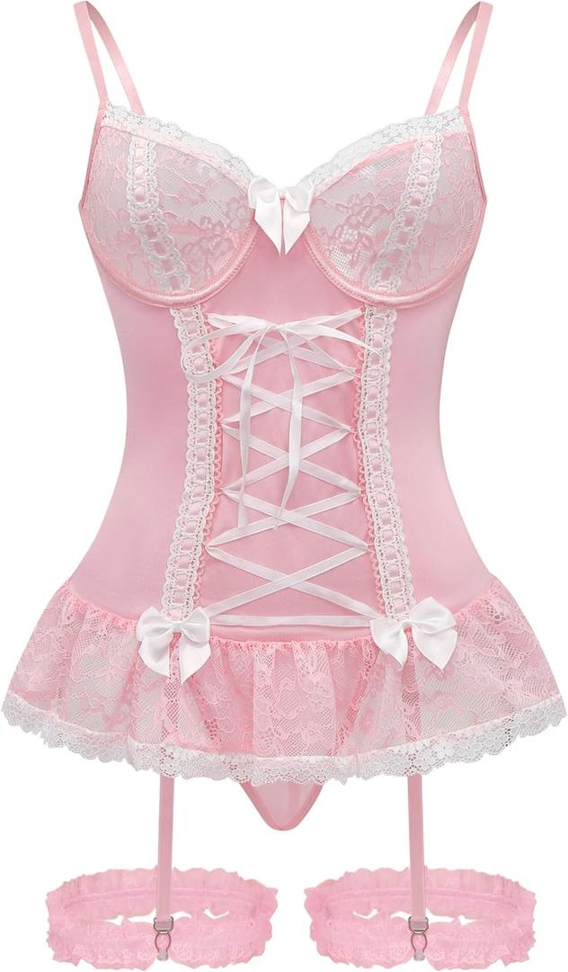 Sexy Mesh Corset Ruffle Lace Up Underwire Sheer Garter Belt Babydoll Lingerie Set With Thong 3 Piece Women (Small, Pink)