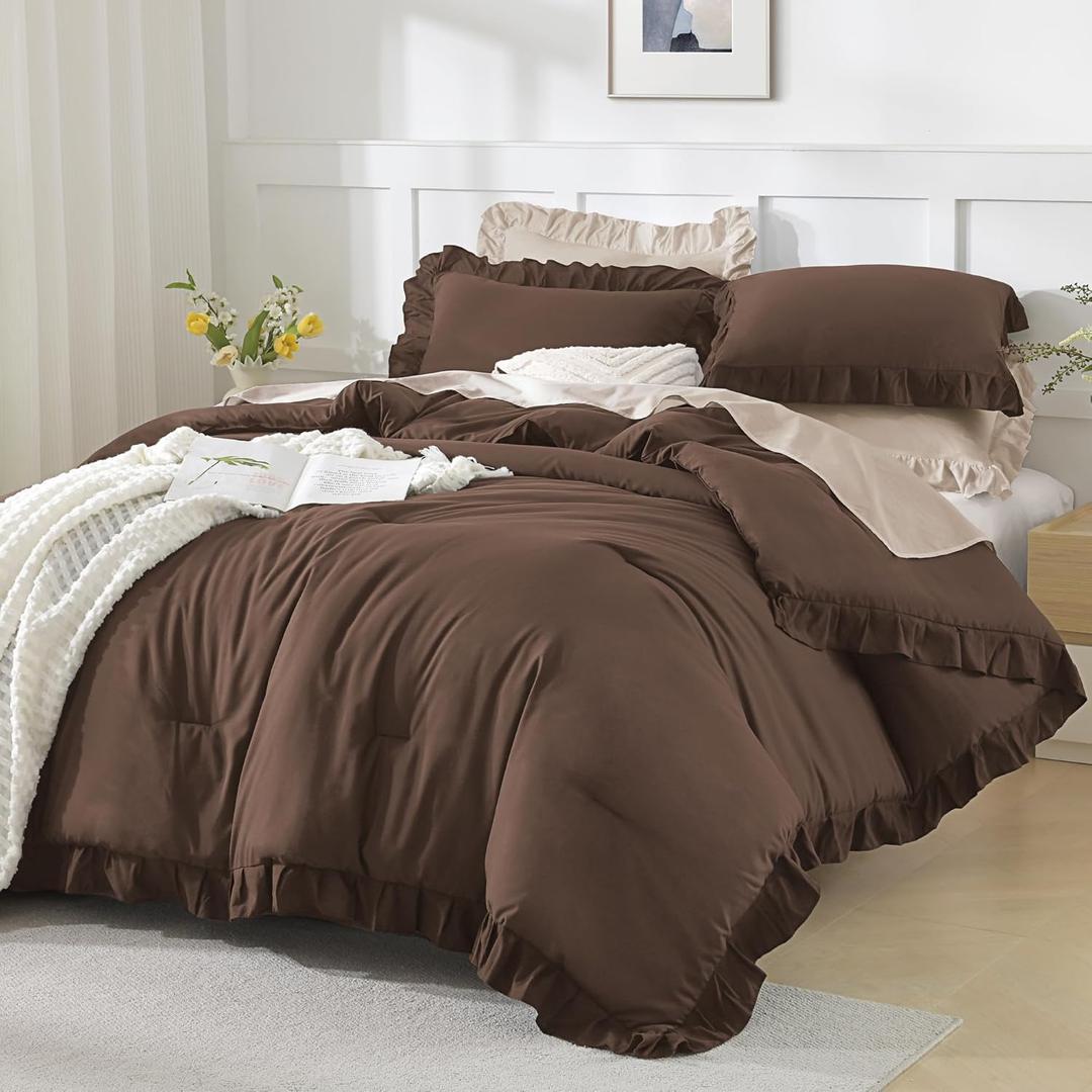 Andency Brown Comforter Twin Size, 2 Pieces Solid Farmhouse Shabby Chic Ruffle Bedding Comforters & Sets, All Season Soft Lightweight Fluffy Bed Set for Kids Girls Teens (Twin(66"x90"))
