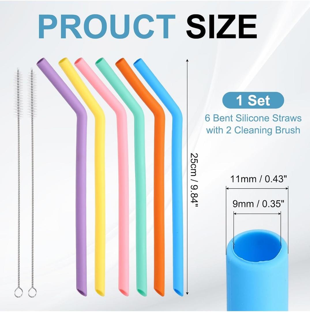 uxcell Reusable Bent Silicone Straws, 10'' x 9 mm Silicone Straws Set with 2 Brushes for Milk Tea Juice Other Beverages, Purple/Yellow/Orange/Pink/Light Blue/Dark Green, Set of 6