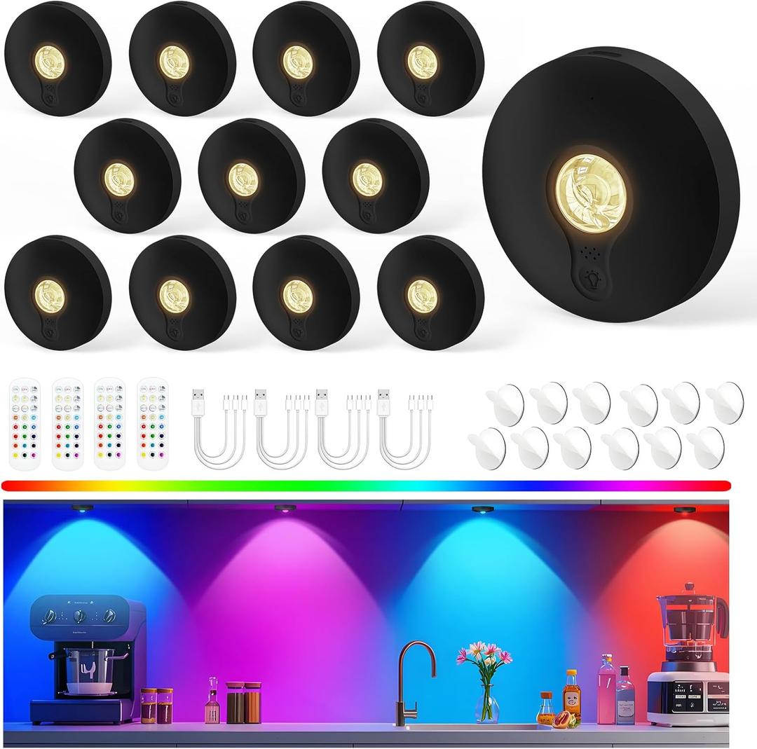 Rechargeable Puck Lights with Remote, 12 Pack Magnetic Under Cabinet Lighting, 1500mAh Battery Operated LED Tap Lights with Dimmer & Timmer for Kitchen, Closet, Shelf - 3 Color Temps & 12 RGB, Black