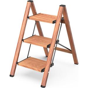 GameGem 3 Step Ladder, Aluminum Folding Step Stool with Anti-Slip Sturdy and Wide Pedal, Lightweight Portable Stepladder for Home and Kitchen Use Space Saving, Woodgrain, 330 lbs