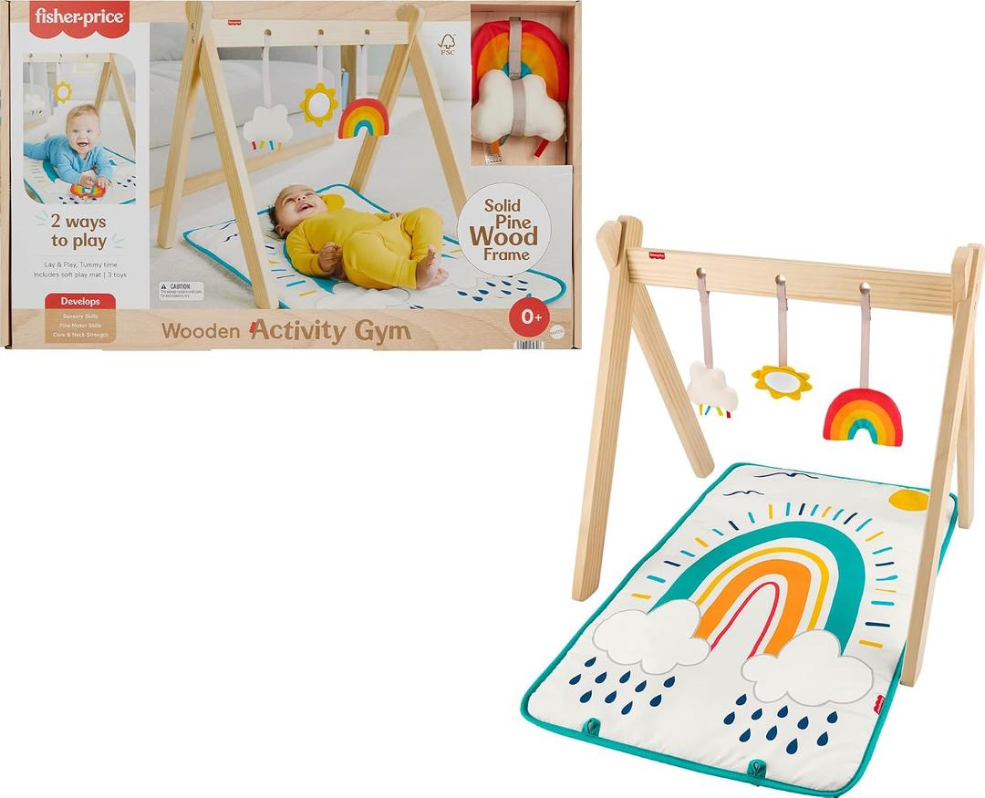 Fisher-Price Wooden Activity Gym, Wood Frame With 3 Sensory Toys & Mat For Newborn Babies