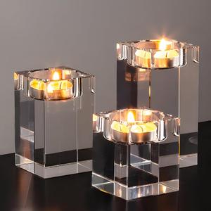 Crystal Candle Holders Set of 3 Clear Tea Light Candle Holders Square Candle Stand Glass Votive Candlestick Holders Centerpiece Table Decorations for Wedding Dining Living Room (3 Pcs-3.15in,3.94in,4.72in Tall)
