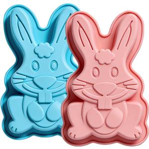 Easter Bunny Molds 2 Pack Bunny Cake Pan Rabbit Cake Mold Silicone Cute Cake Molds Jumbo Bunny Breakable Chocolate Gummy Mold for Baking Easter Day Party Cake Dessert Giant Gummy - Pink&Blue