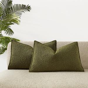 JUSPURBET 14x24 Pillow Covers Set of 2 Decorative Throw Pillow Covers Case for Couch Sofa Bed Soft Boucle Textured Lumbar Cushion Covers with Hidden Zipper for Home Decor Living Room,Olive Green