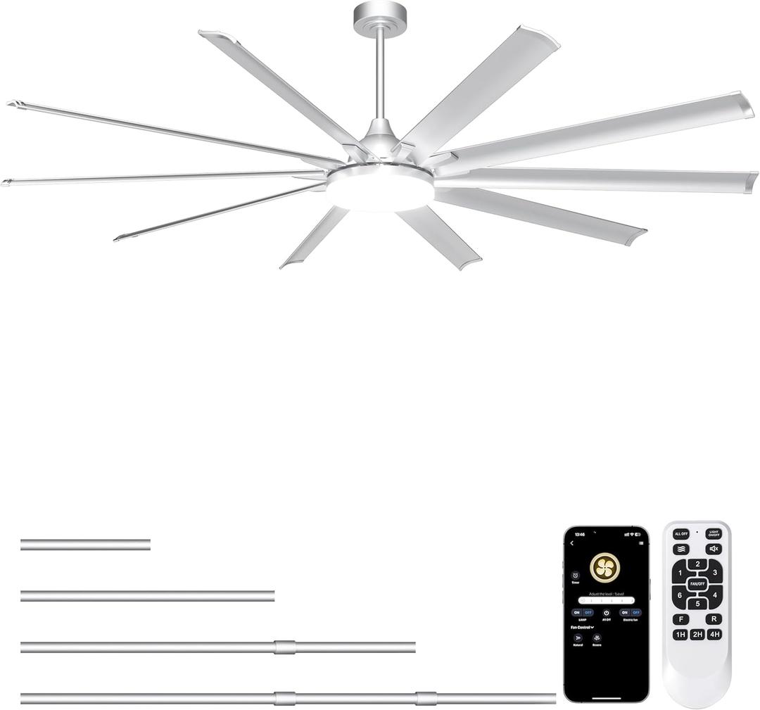 Ohniyou 96'' Industrial Ceiling Fan with Bright Lights - Remote/APP Control, High CFM, Large Ceiling Fan for Shop, Covered Outdoor, Great Room, Silver