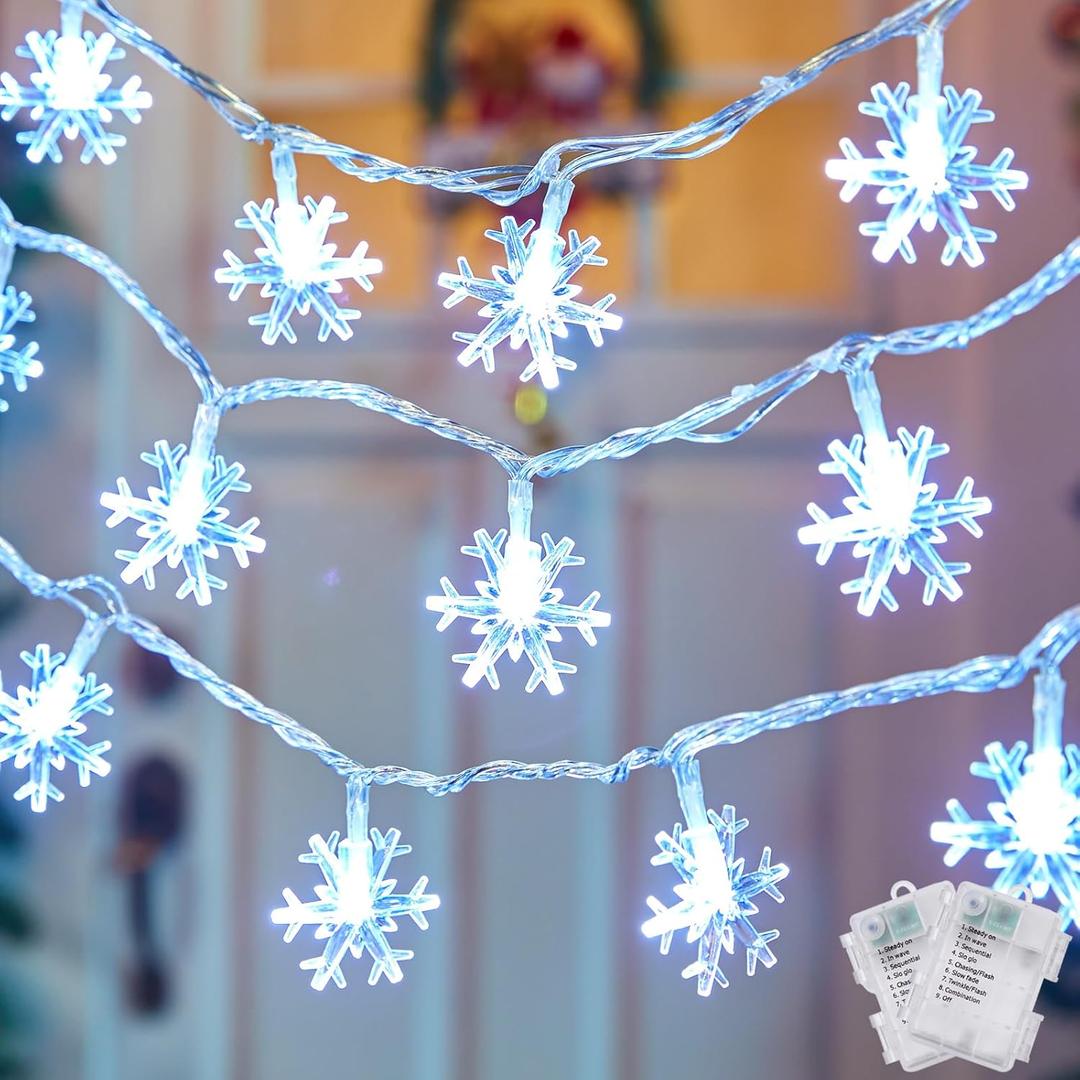2 Pack Christmas Snowflakes Lights, 26 Ft 50 LED Snowflake String Lights Battery Operated, 8 Lighting Modes Waterproof Shatterproof Fairy Light for Bedroom Home Indoor Outdoor Xmas Christmas Decor