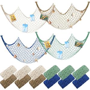 12 Pack Natural Fish Netting Decorative 80 x 40 Inch Fish Net Decorations for Pirate Party Ocean Beach Wall Hanging Decoration Nautical Sea Party Decorations Photo Picture(Classic Color)