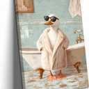 Funny Duck Bathroom Canvas Wall Art Cute Animal Goose in Robe with Sunglasses Bathtub Painting Picture Wall Decor Quirky Whimsical Geese Print Artwork for Kids Restroom Toilet Home Decoration, Framed