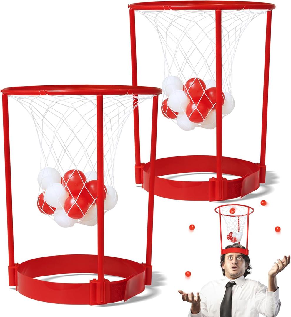 Novelty Place Head Basketball Hoop Party Game Set for Kids & Adults - Adjustable Basketball Headband with 20 Balls - Red & White