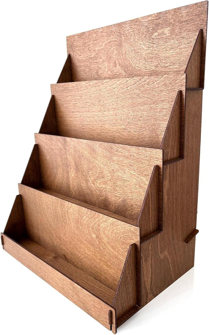 Walnut Portable 4 Tier Greeting Card & Rack Card Display - Counter Top Craft Show Stand - Coaster Display Rack - Farmers Market Tabletop Stand