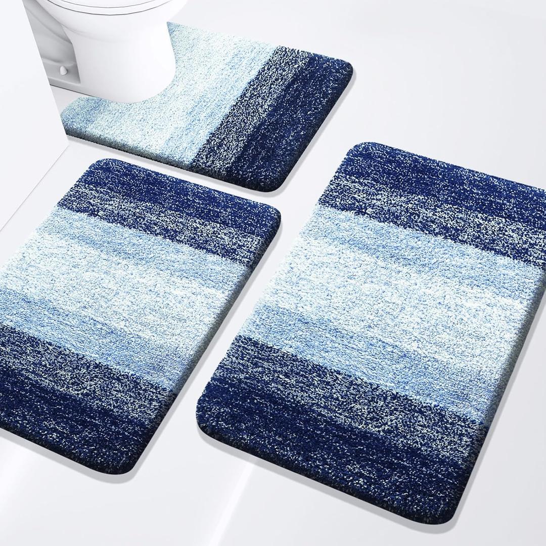 Arotive Bathroom Rugs Set 3 Piece, Extra Soft and Absorbent Bath Rugs, Machine Wash Dry Bath Mats for Bathroom, Toilet, Tub and Shower, 24x16, 30x20 and U-Shaped 24x20, Blue