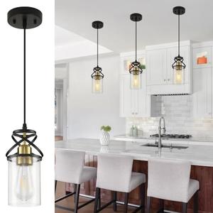 foucasal Modern Pendant Kitchen Island Light, Pendant Lighting with Glass Shade, E26 Socket and Adjustable Cable, Suitable for Living Rooms, Bedrooms, Hallways (Black Gold)