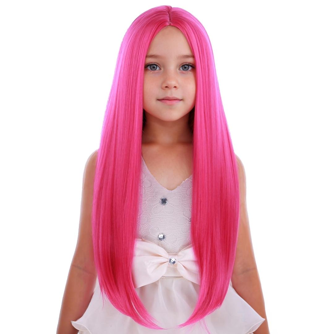 Child Kids Hot Pink Wig Long Straight Pink Wig Girls Magenta Hair Neon Pink Wigs Long Middle Part Synthetic Wigs