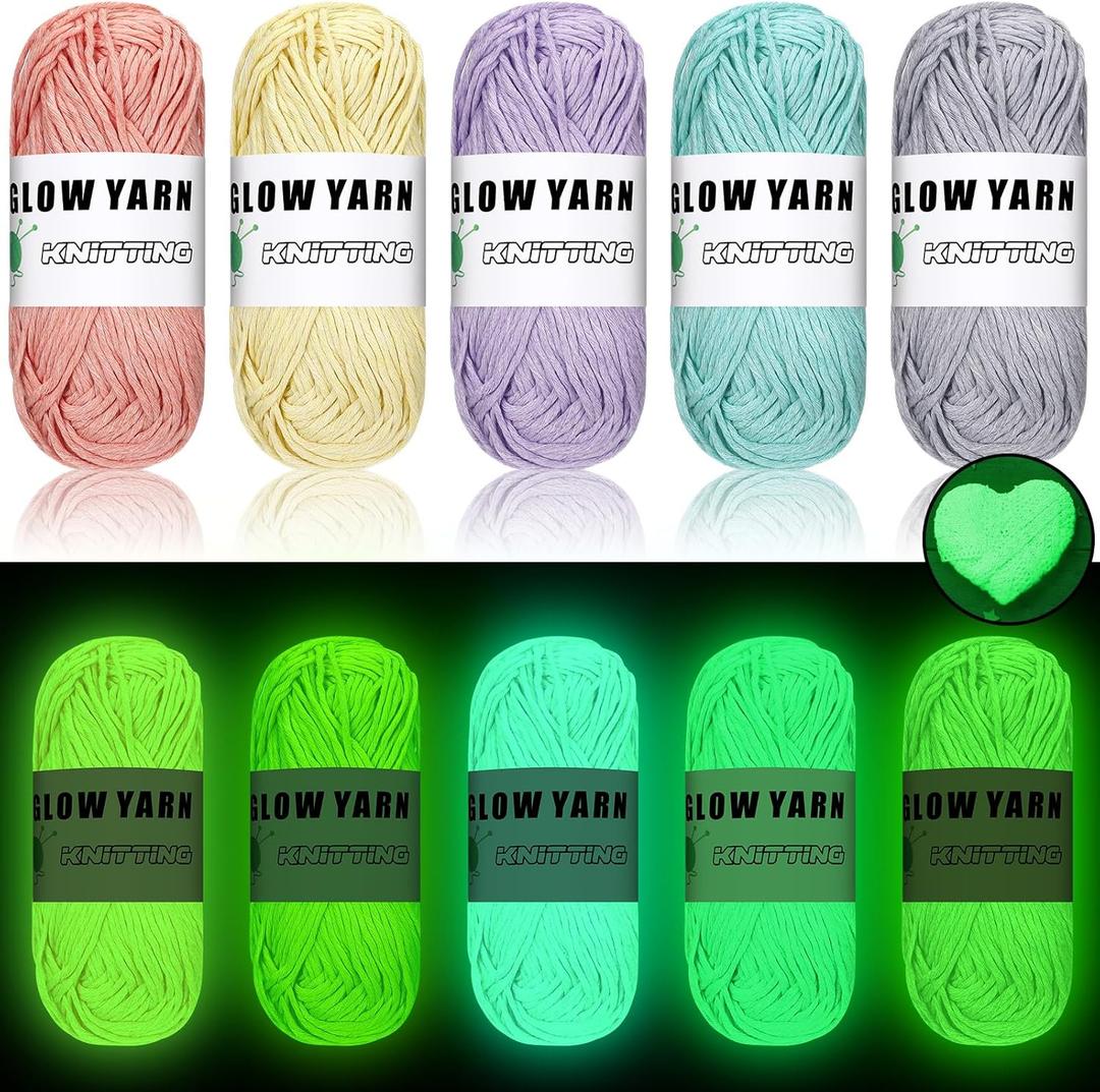 WILLBOND 5 Rolls Glow in The Dark Magic Yarn Luminous Neon Crochet Yarn for Crocheting DIY Knitting Glow Fingering Sewing Supplies for Crafts Sewing Party 54.7 yd Per Roll (Vivid Colors)