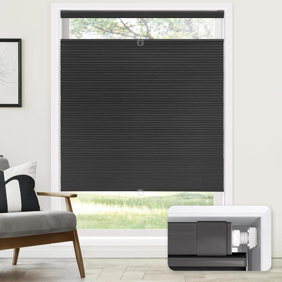 LazBlinds No Tools No Drill Cordless Cellular Shades, Top Down Bottom Up (TDBU) Honeycomb Shades for Home, Blackout Light Blocking Thermal Insulation Blinds for Windows, 35" W x 64" H, Black